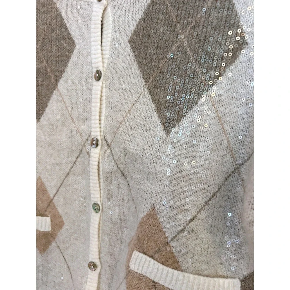 Zara Women Argyle Sequin Cropped Cardigan Sweater Tan Cream Wool Blend Small